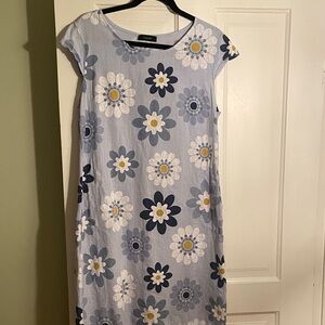 Linen  Blue Floral knee length Dress M
